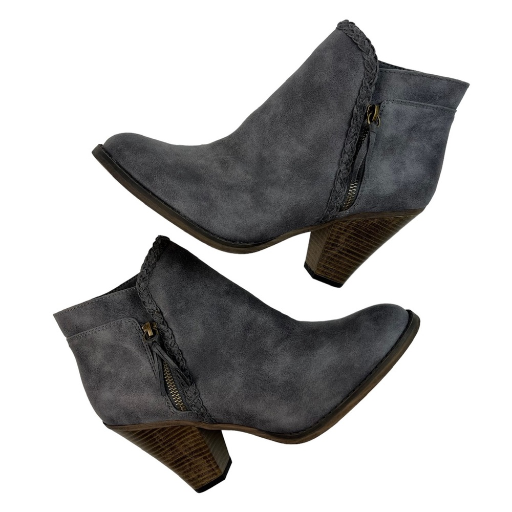 MIA Gray Suede Ankle Boots with Braided Trim